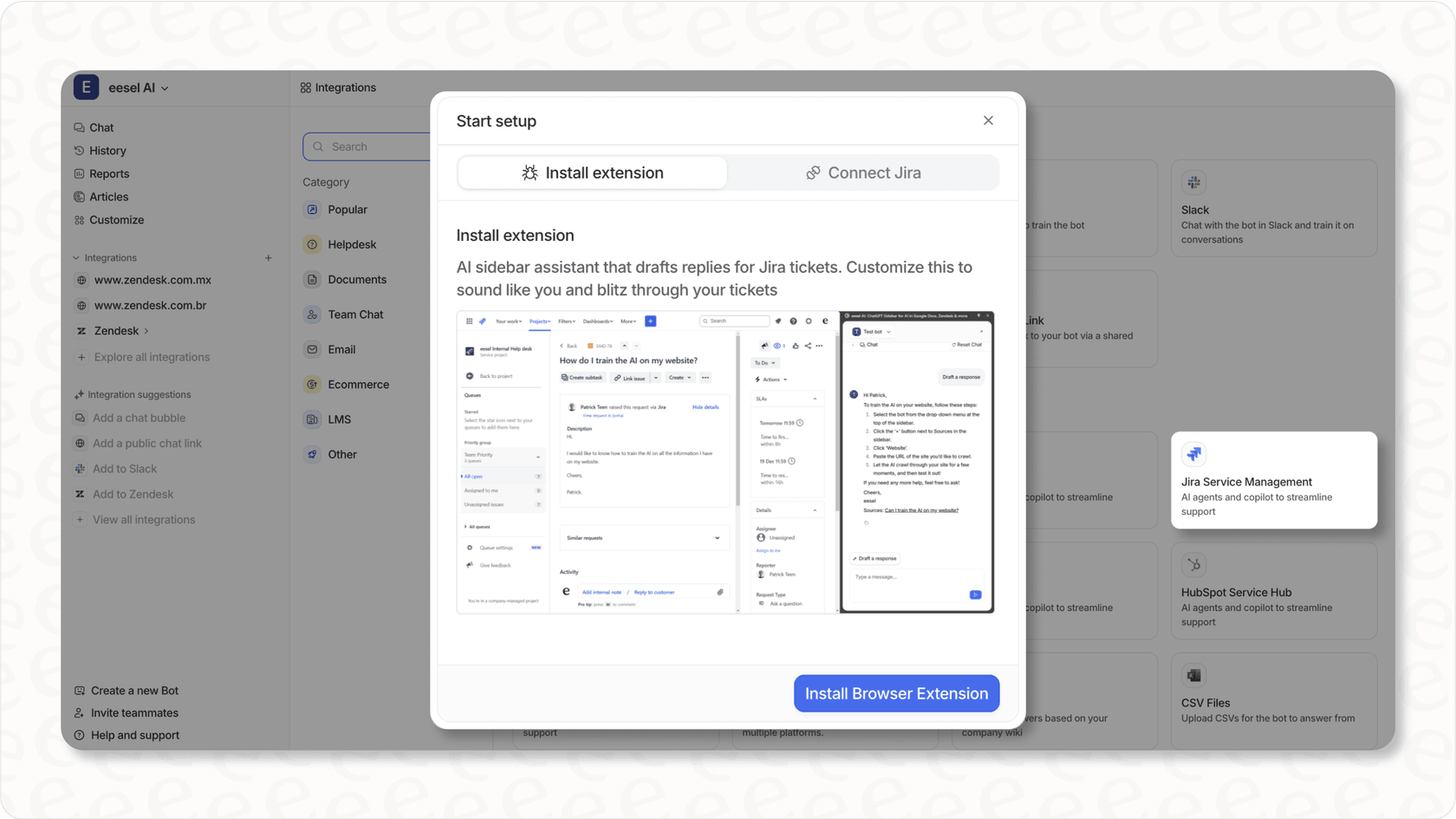 Screenshot of eesel AI dashboard showing Jira Service Management integration.