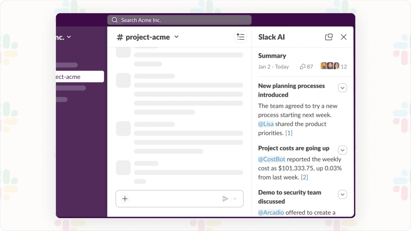 Screenshot demonstrating how Slack AI summarizes conversations in a Slack channel.