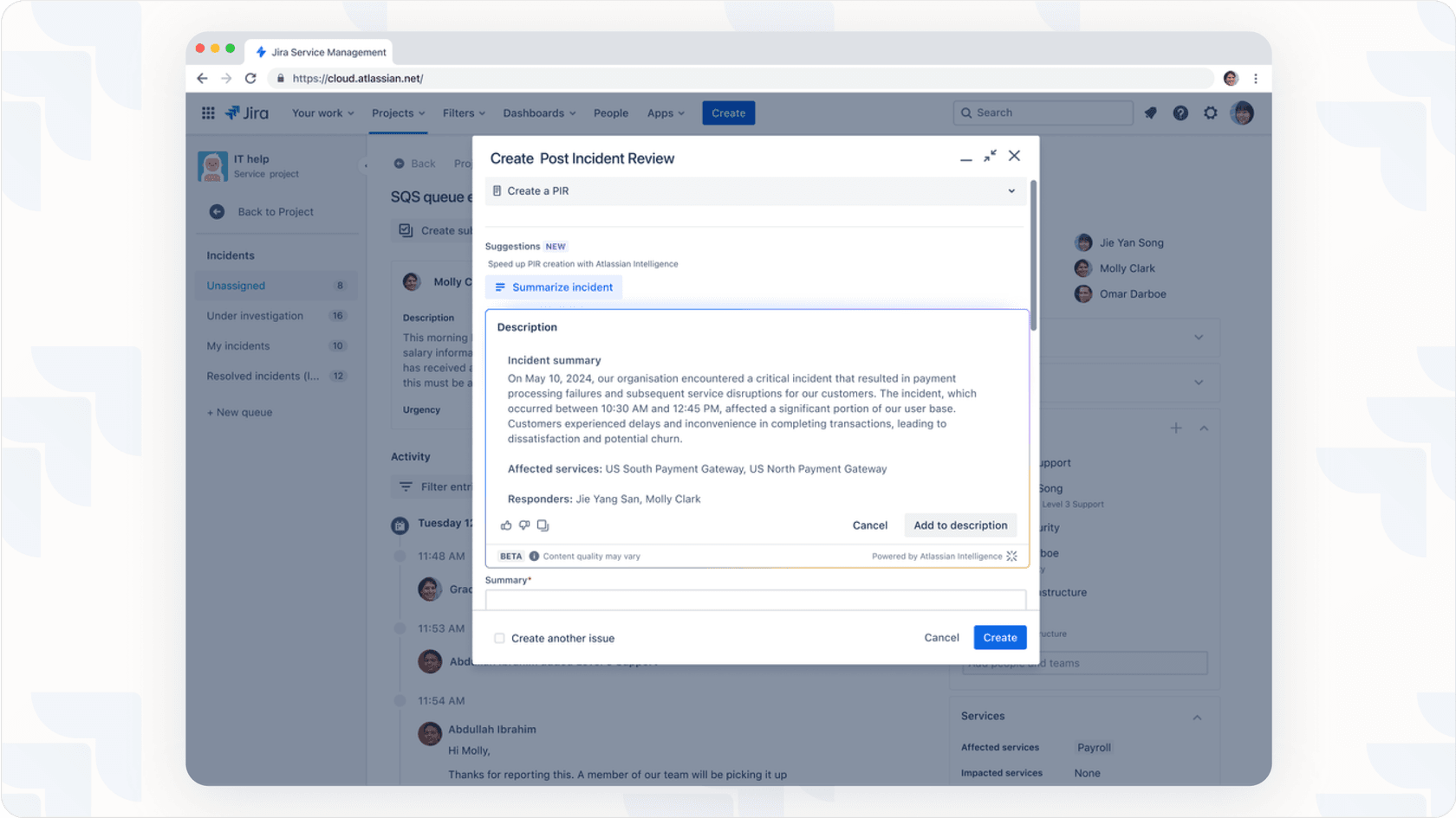 Screenshot of a Jira ticket showing the AI summary box prominently displayed for quick understanding using Jira AI summary.