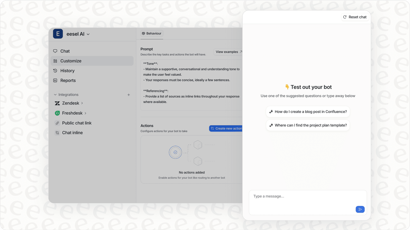 Screenshot of an AI platform's testing or simulation feature for verifying bot responses.