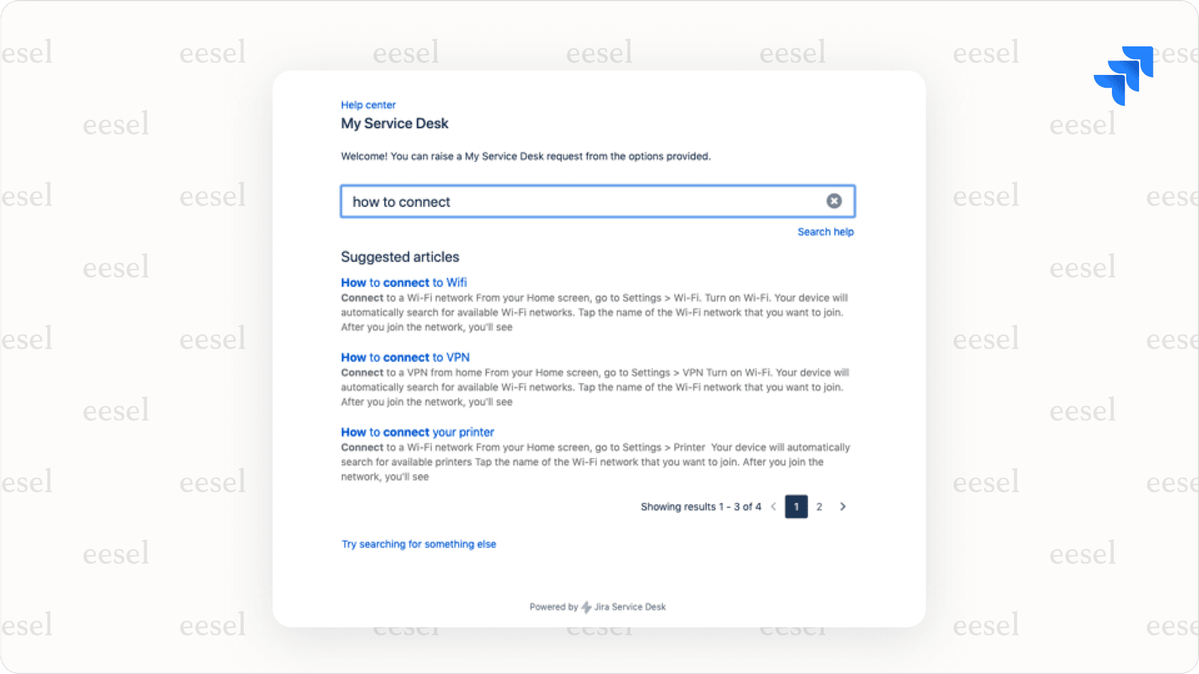 Screenshot of the Jira Service Management customer portal with Jira service desk AI (virtual agent) suggesting knowledge base articles.
