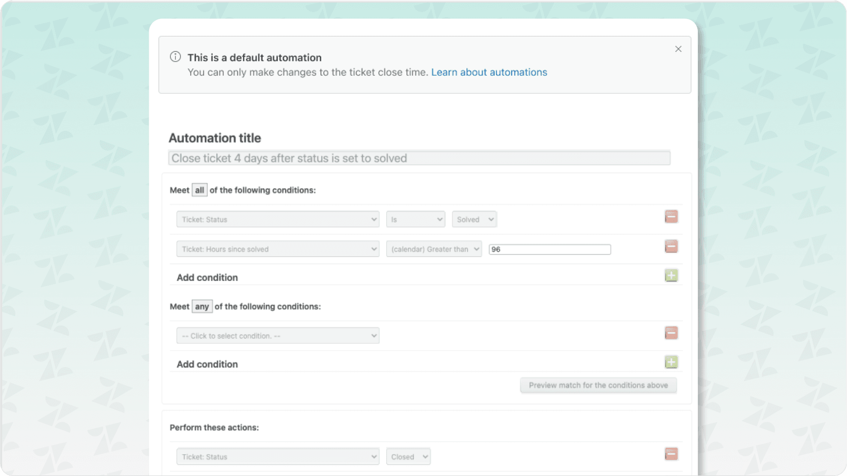 Image of a default zendesk automations, which is the close ticket automation.