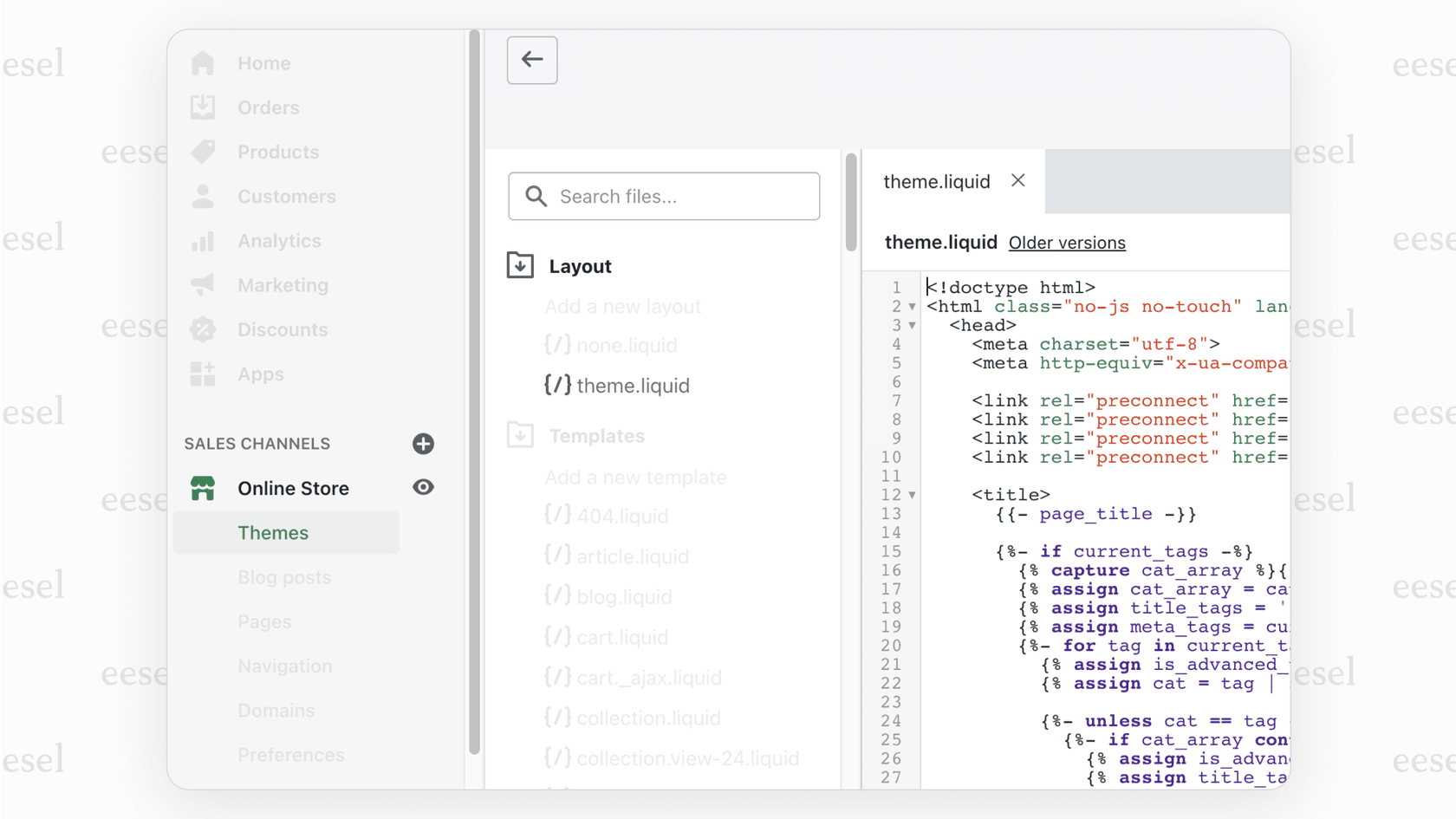 Shopify theme code editor theme.liquid showing where to paste chatbot script