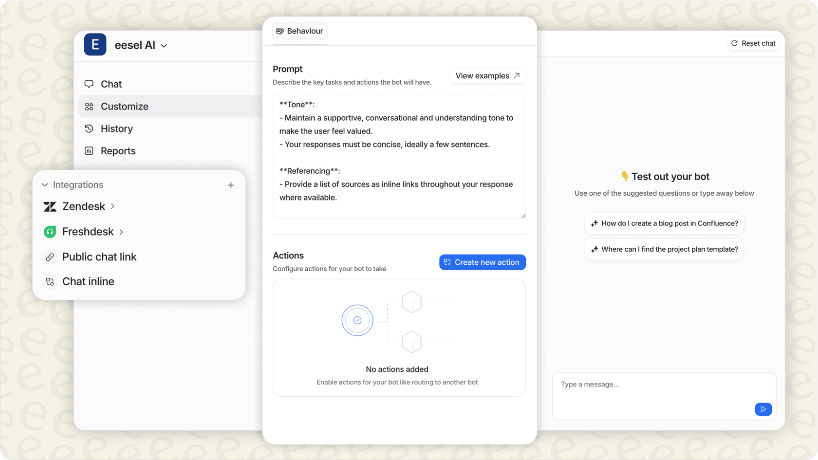 Image of eesel AI dashboard showing customization settings for workflows and data training