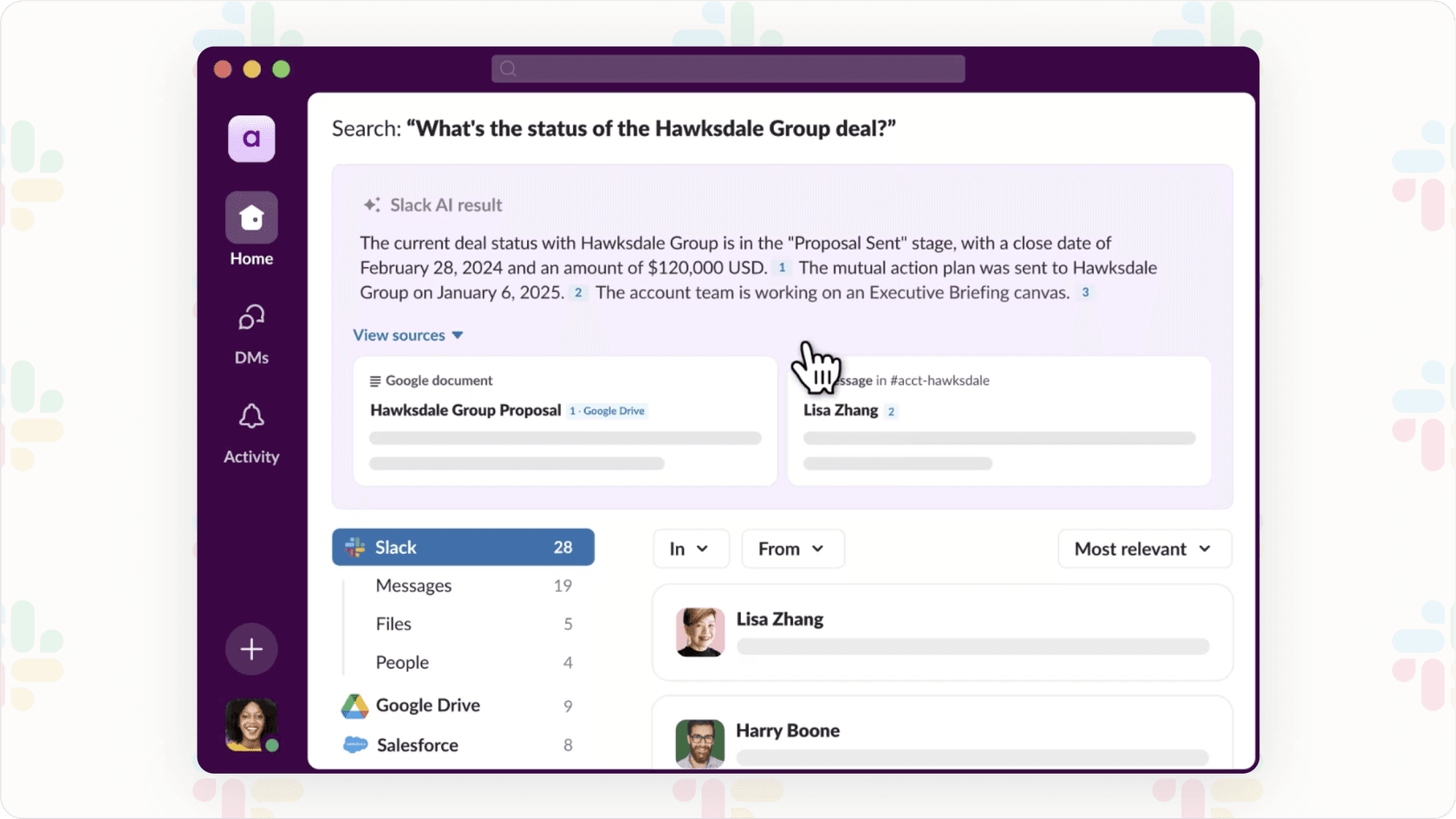 Screenshot of Slack AI's search feature showing a natural language query and the AI-generated answer with source citations.