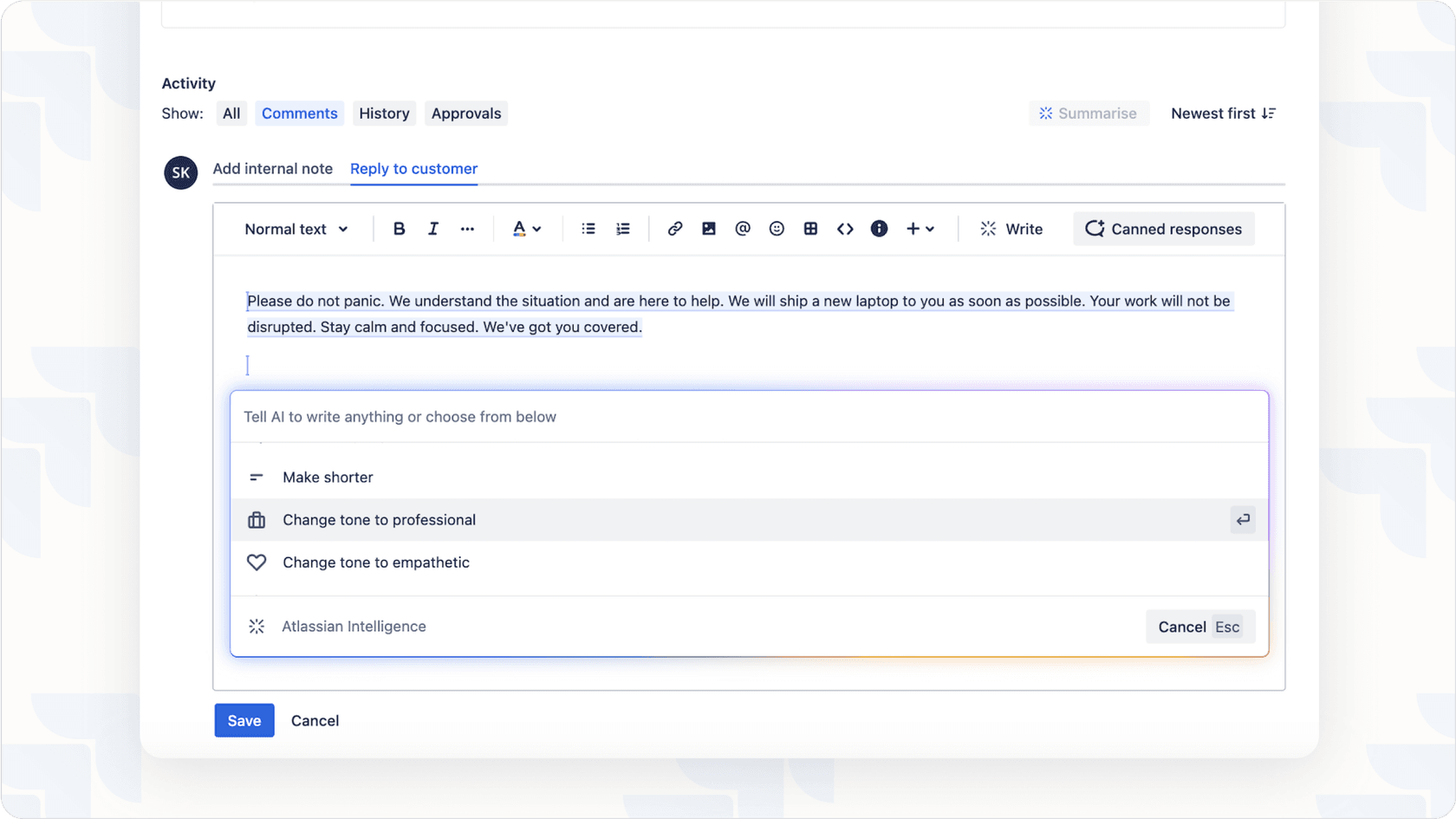Screenshot showing Atlassian Intelligence modifying reply feature in Jira, enhancing productivity and personalization.