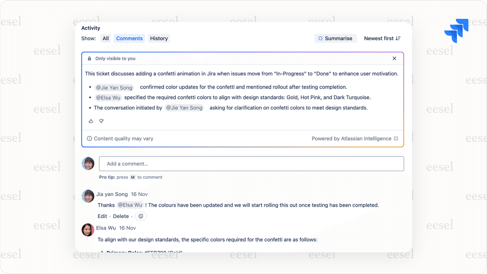 Screenshot of the Jira Service Management agent view highlighting Jira service desk AI features like ticket summary or response suggestions.