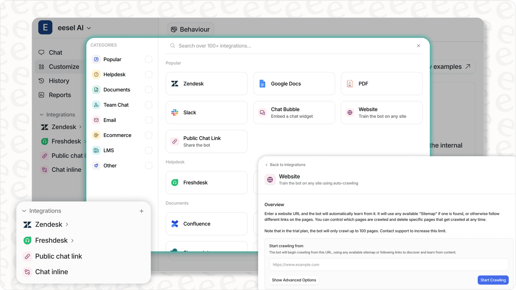 Screenshot of the eesel AI integrations page showing various connection options and API actions, demonstrating how to overcome integration complexities to improve lead generation or sales automation.