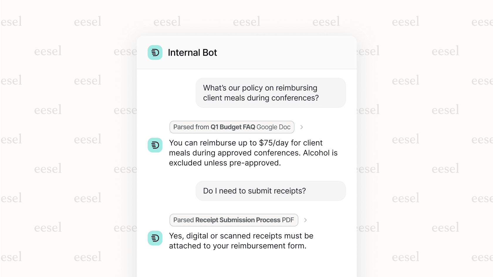 Screenshot of eesel AI chat showing an answer with source links, demonstrating accuracy for a Google Drive AI assistant.