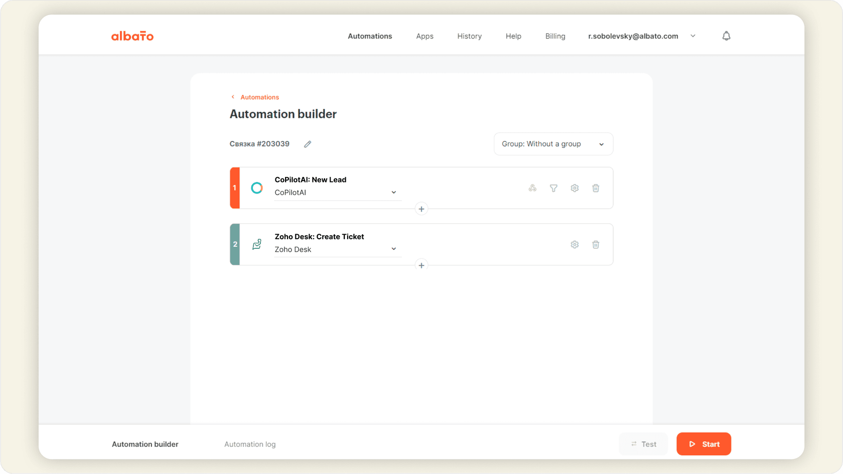 Image of Albato visual builder showing CoPilot AI connected to Zoho Desk via automation steps