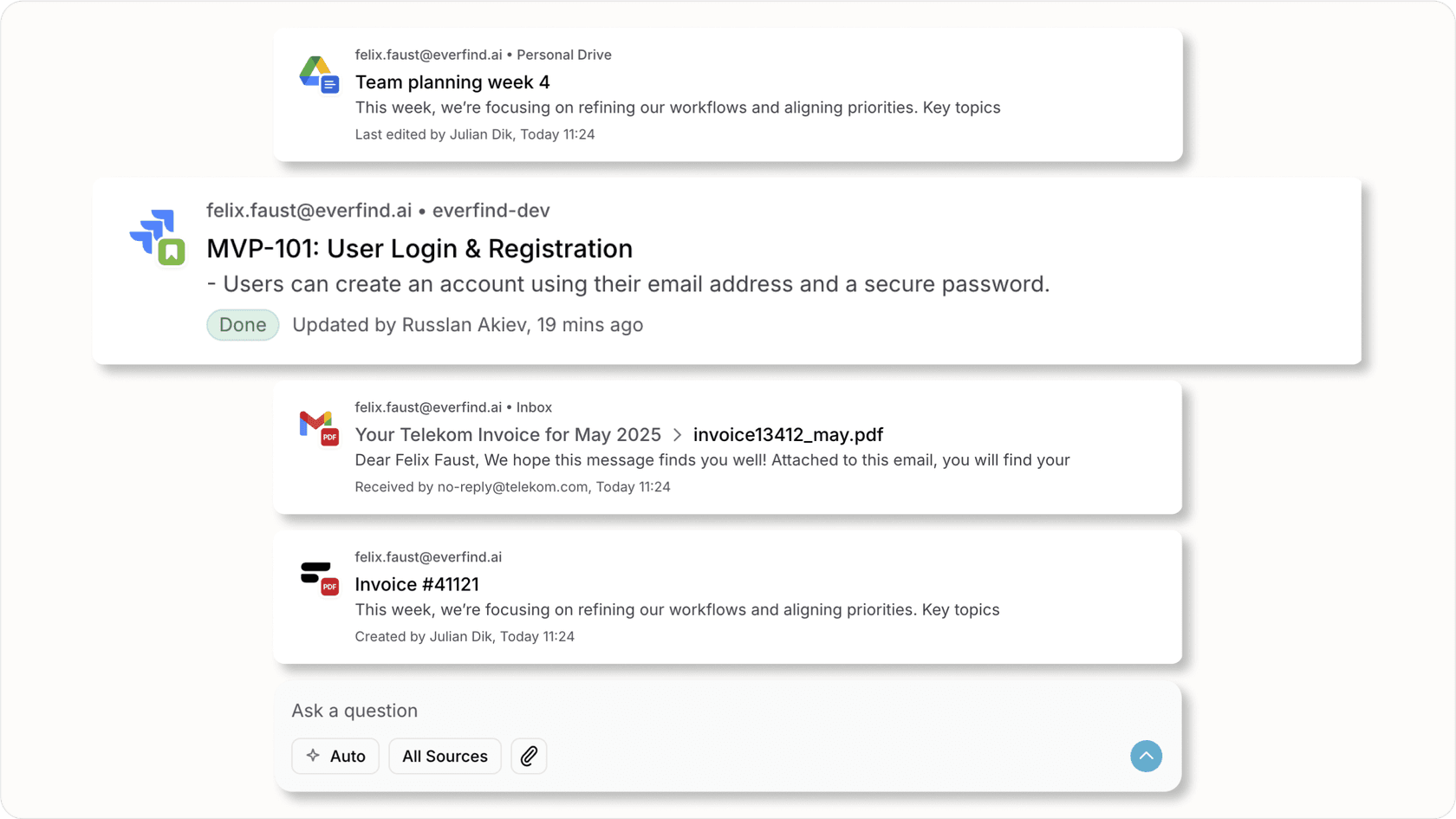Jira AI assistant - Screenshot of Everfind search results including Jira data.