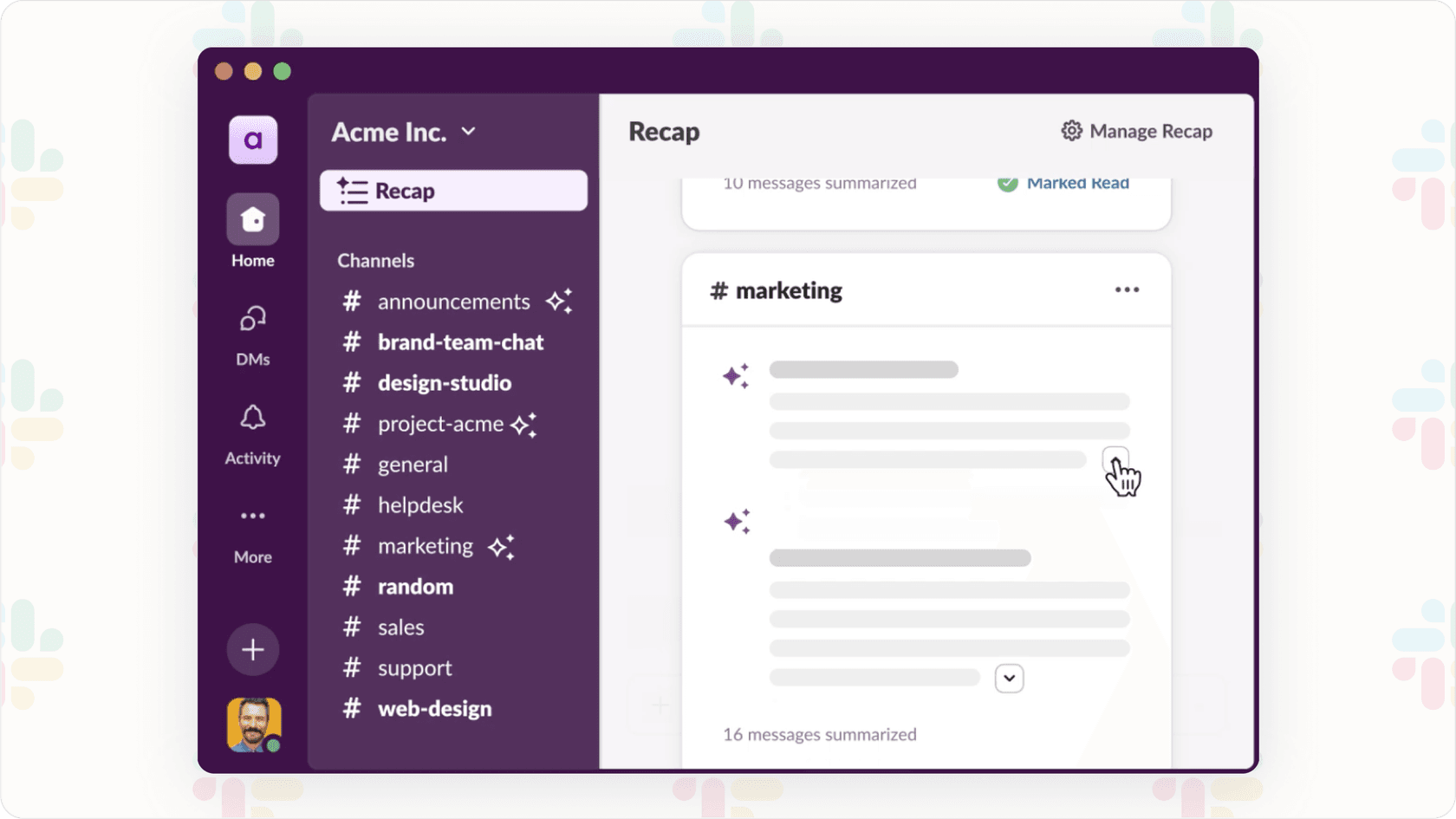 Screenshot showing an example of a daily recap provided by Slack AI.