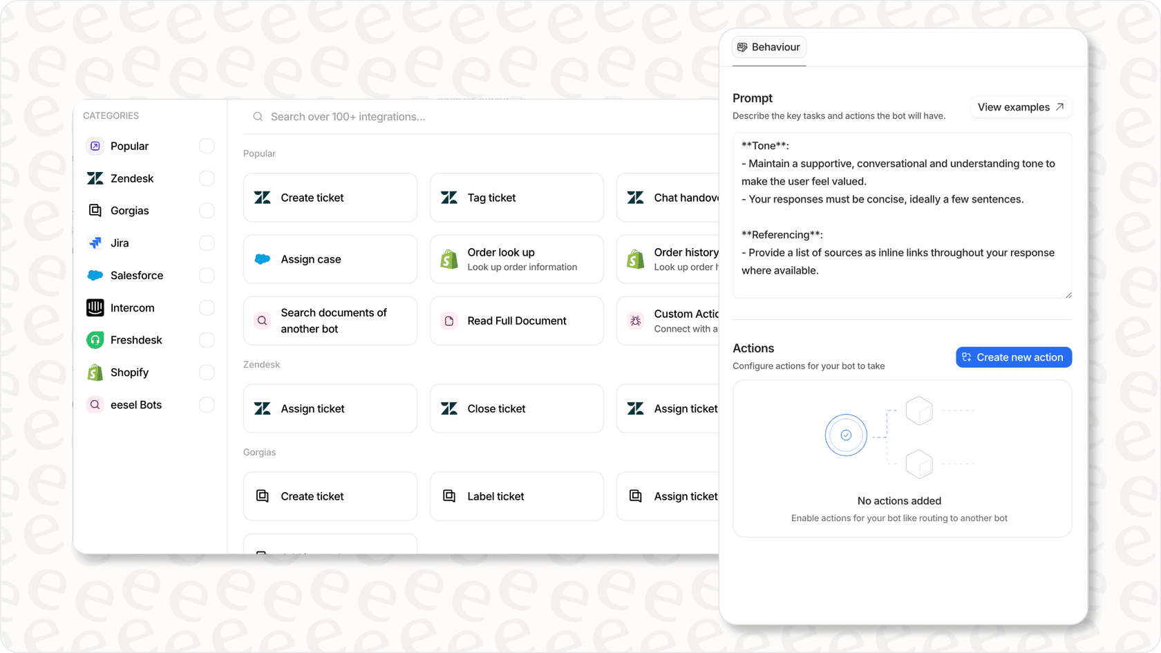 Screenshot of the eesel AI dashboard showing a wide range of integrations and customization options for building AI workflows relevant to Jira AI summary tasks.