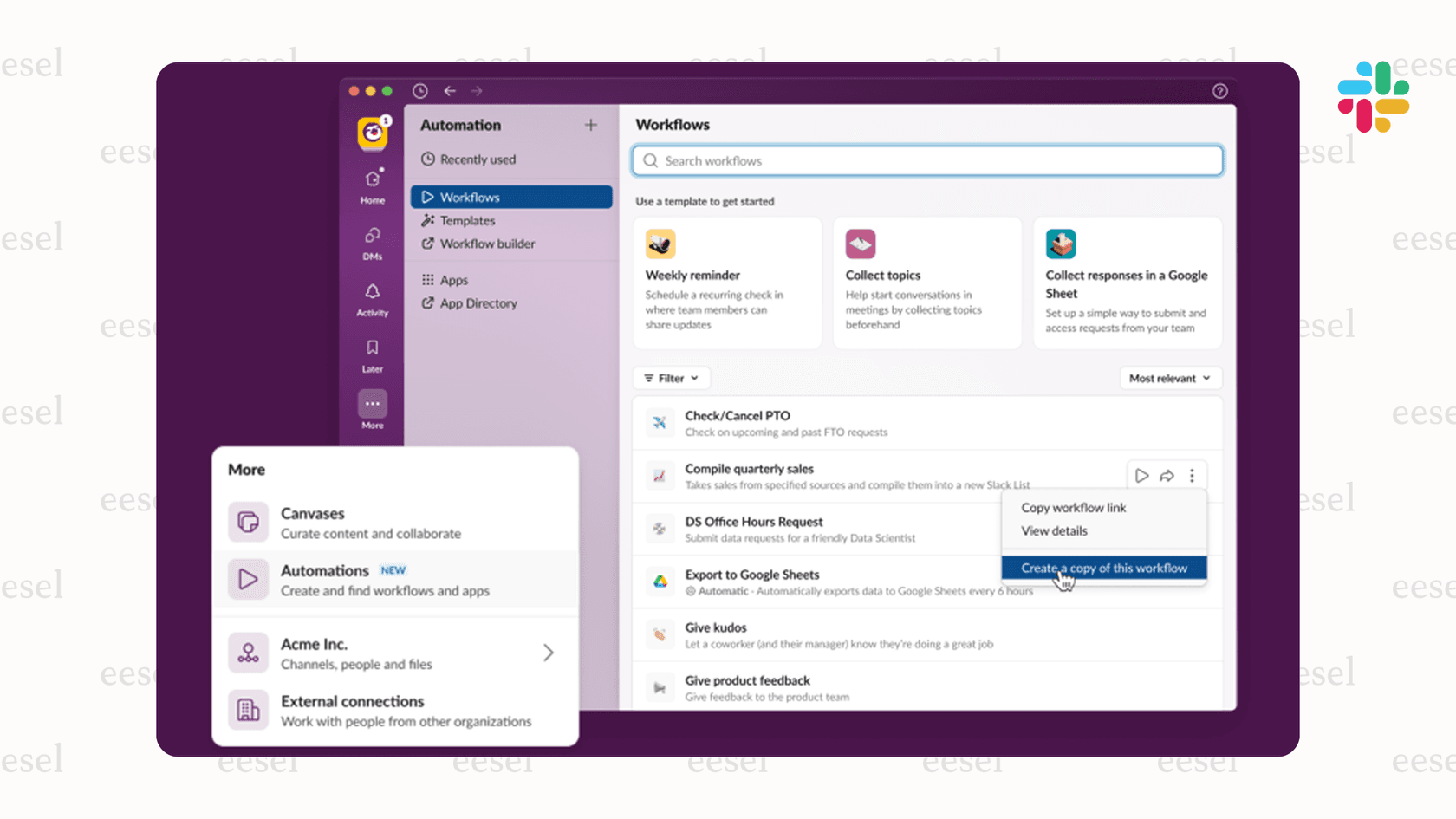 Image of Slack's AI workflow builder feature.