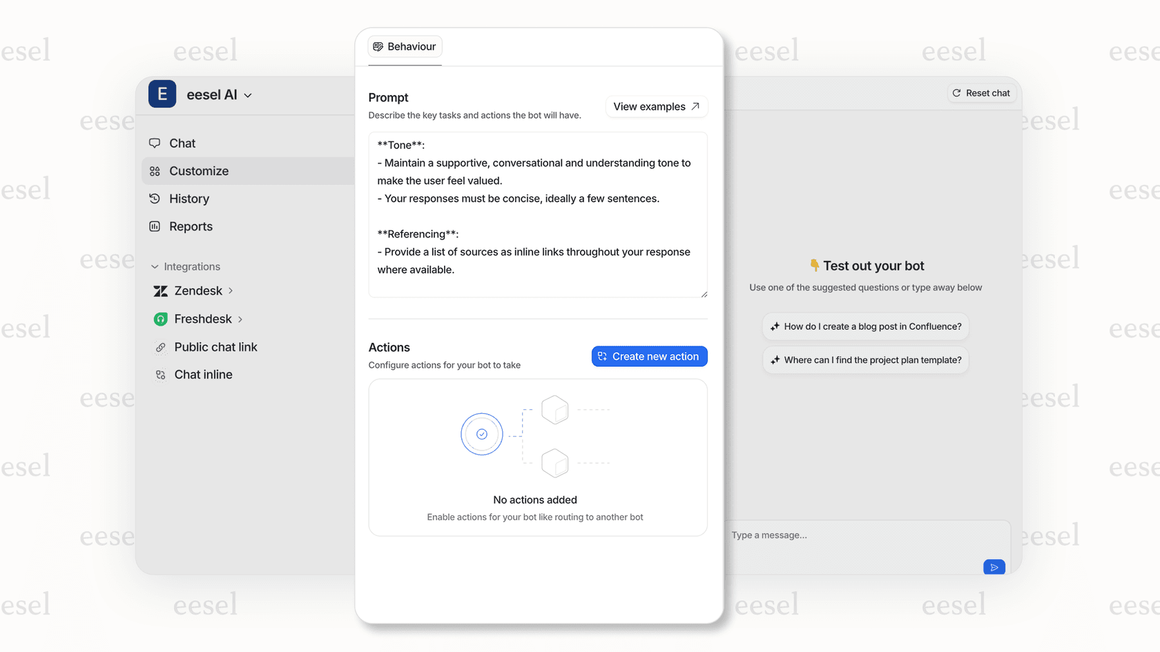 Image of bot customization settings page to define the tone and personality of a Shopify AI shopping assistant.