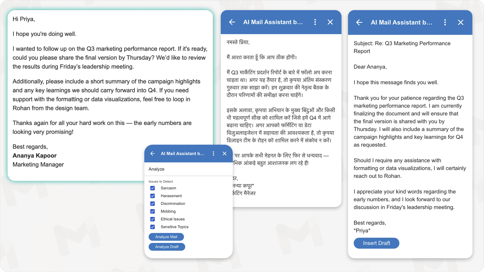 Klart AI Mail Assistant providing tone analysis and translation options in Gmail.