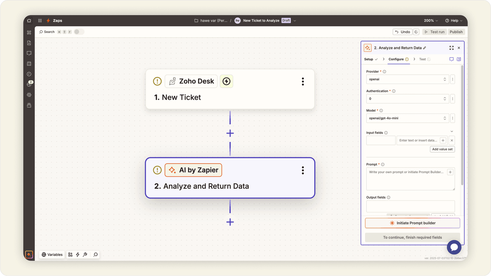 Image of Zapier automation sending ticket content from Zoho Desk to AI.