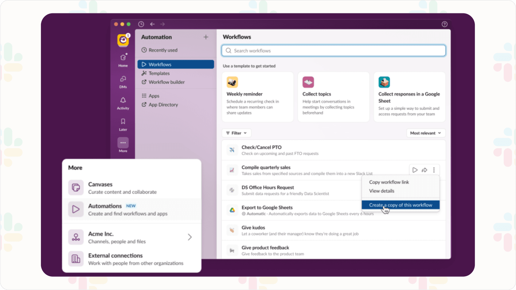 Screenshot of the Slack AI Workflow Builder interface showing how to automate tasks using natural language.