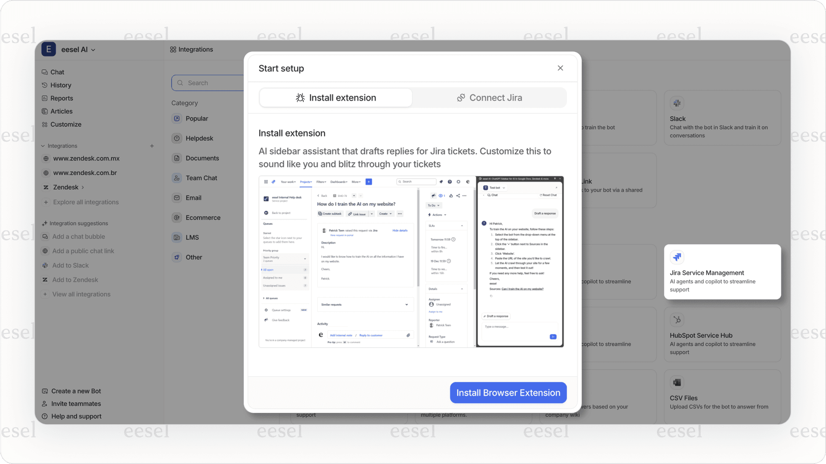 Screenshot of the eesel AI platform's integration page highlighting the Jira Service Management connector for Jira service desk AI setup.
