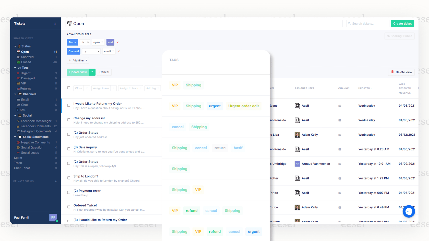 Screenshot of the Gorgias helpdesk interface showing AI features for managing Shopify tickets.
