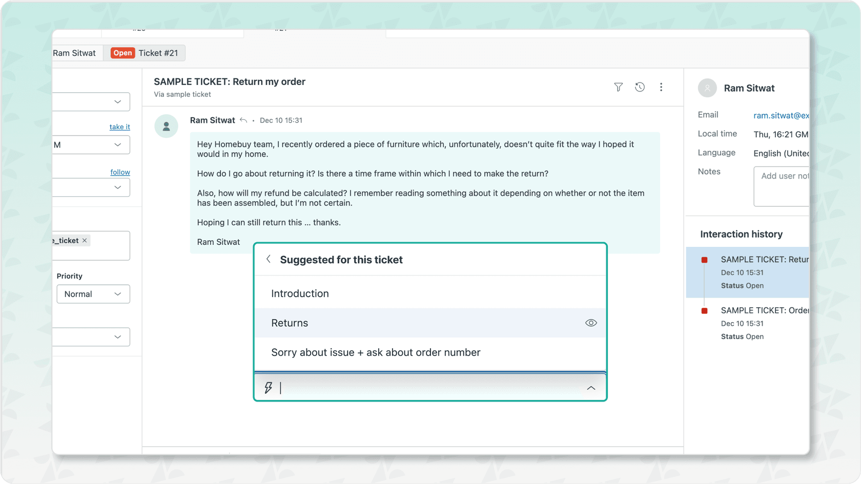 Image of suggested macros and intents in zendesk agent workspace for automation.