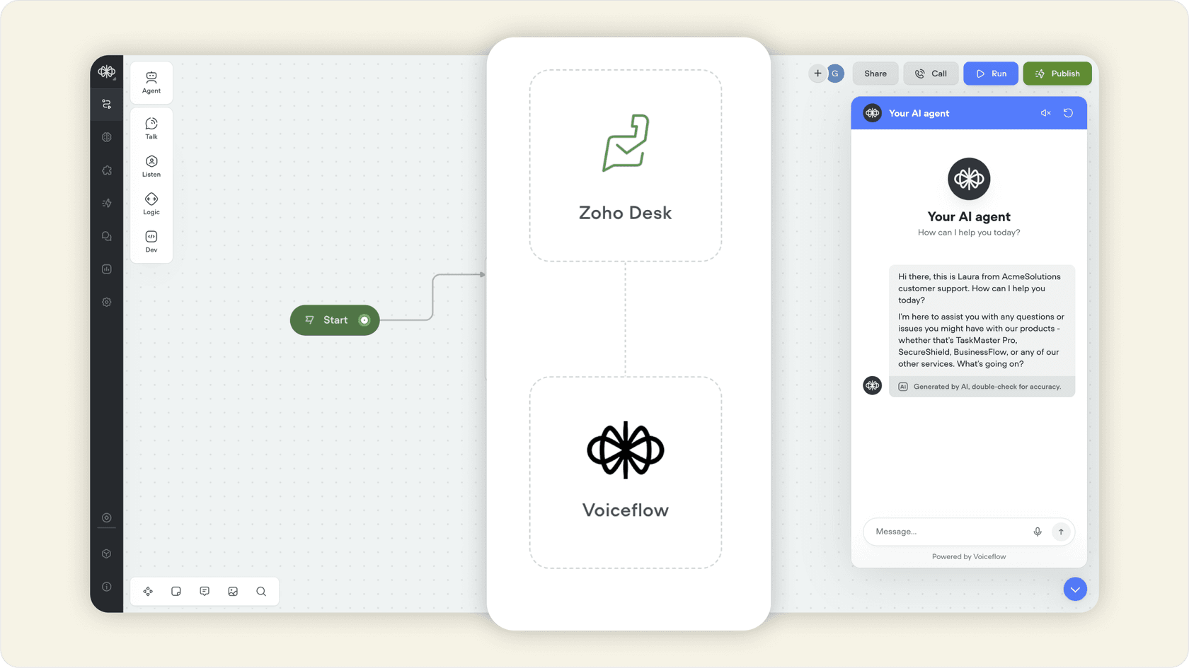 Image of Voiceflow builder with a chatbot flow connected to Zoho Desk ticket actions