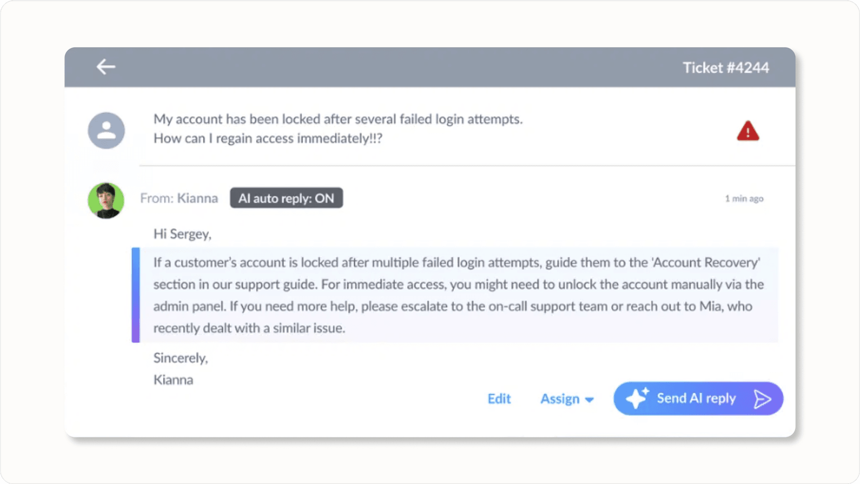 Screenshot of QueryPal automated response in a ticket interface.