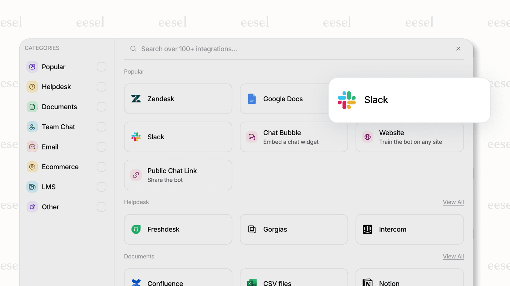 Screenshot of eesel AI's integration page, highlighting Slack as an option.