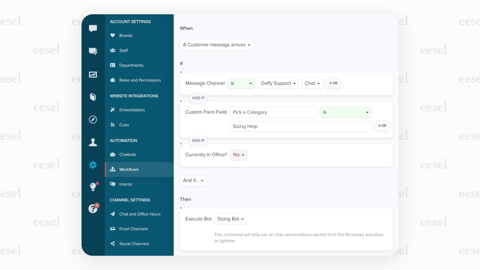 Screenshot of the Re:amaze AI chatbot for Shopify builder showing customization options.