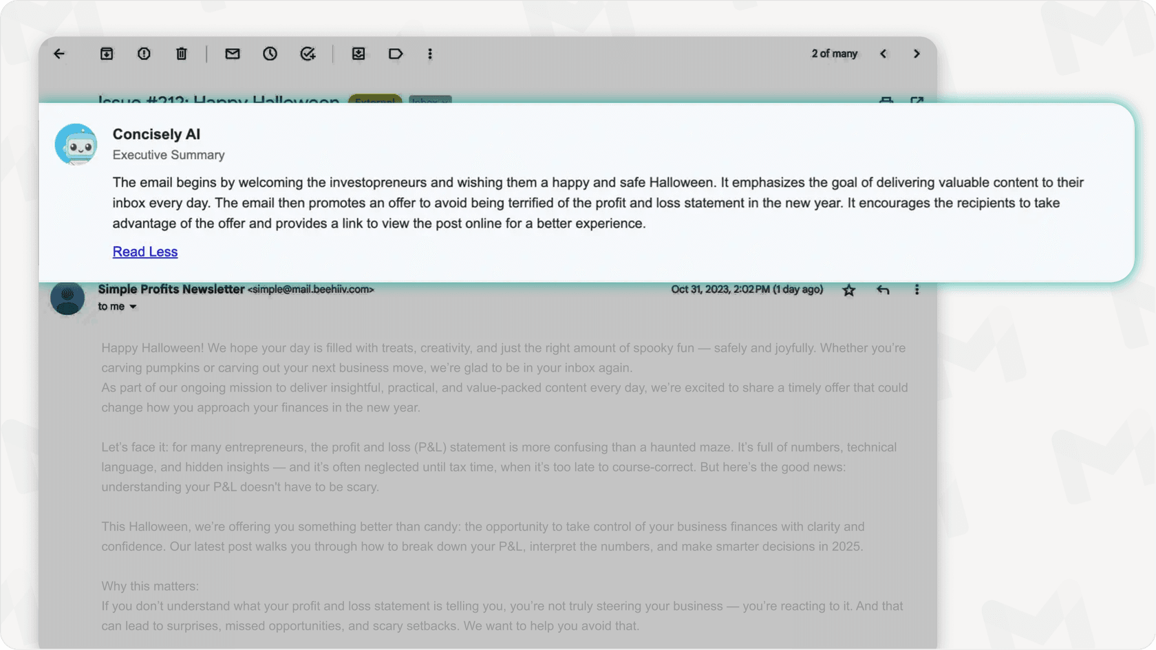 Concisely summarizing a long Gmail thread with a one-sentence overview.