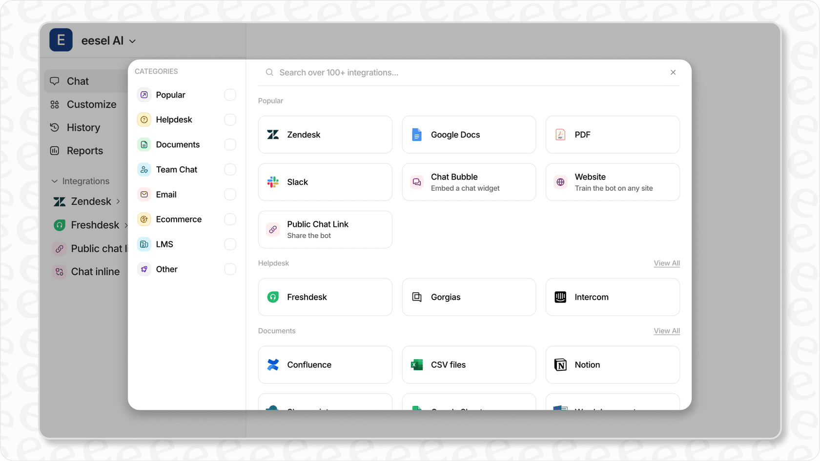 Image of eesel AI training sources and integrations for enhanced zendesk automation.