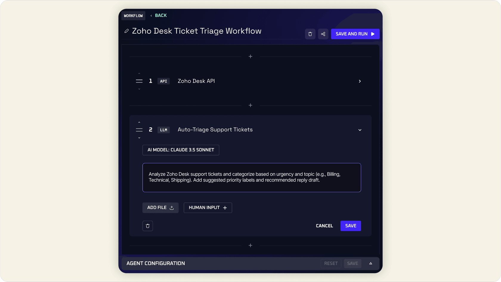 Image of Kindo workflow editor with Zoho Desk and AI model setup