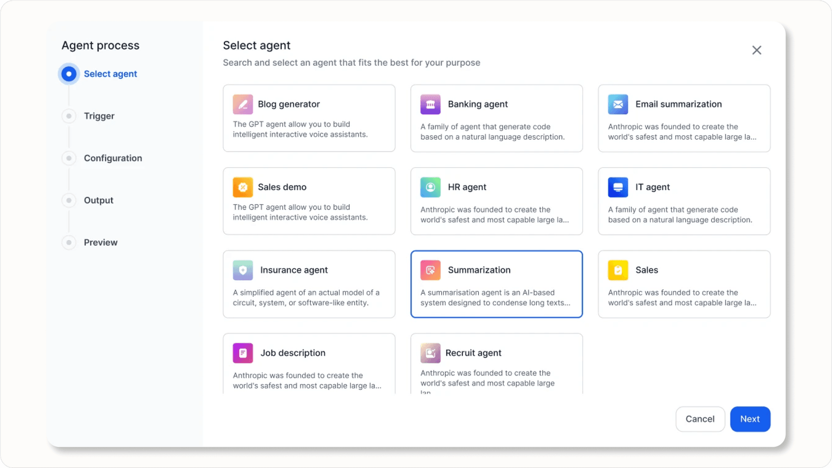 Screenshot of Kore.ai platform showing AI agent or workflow builder.