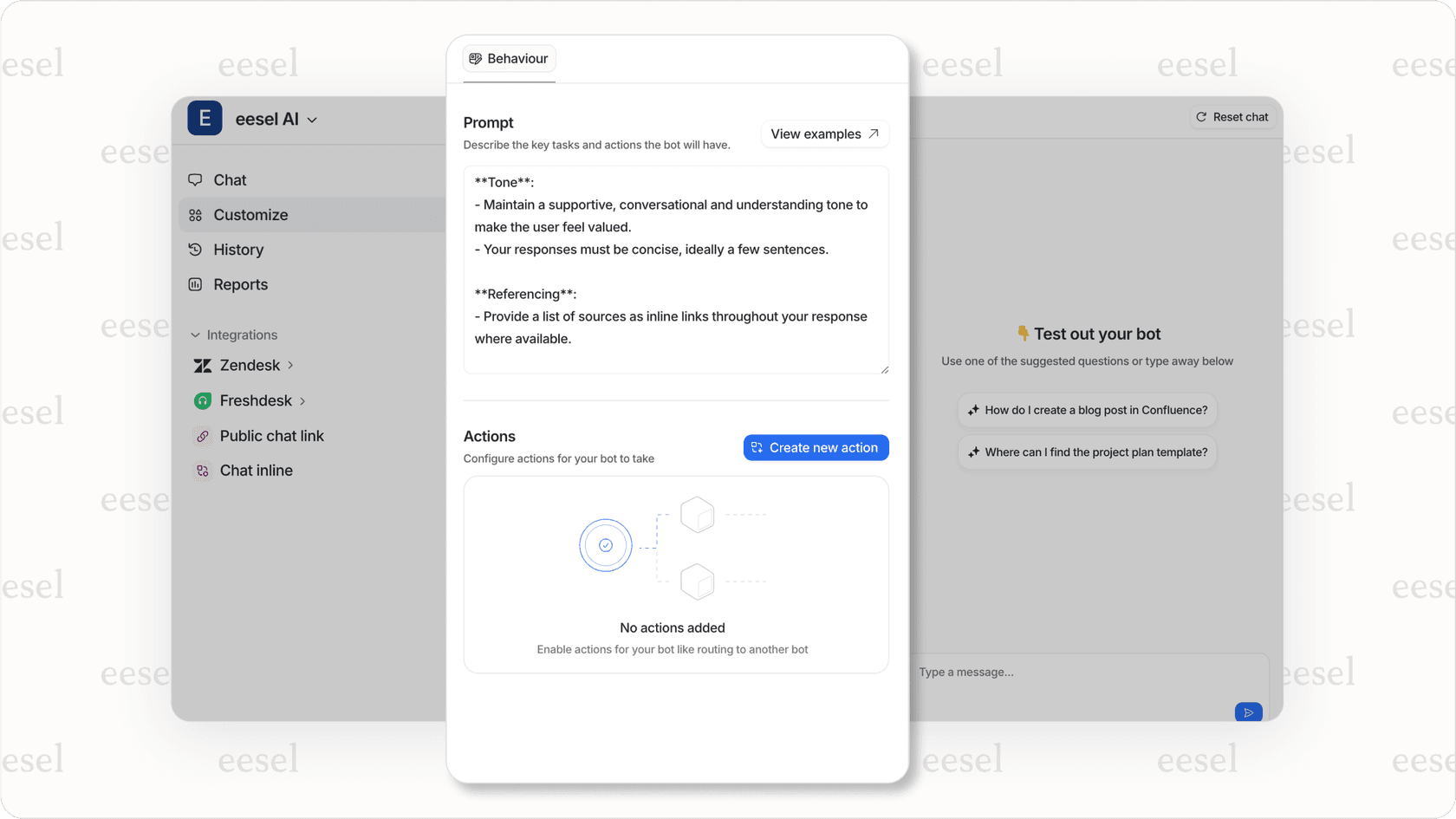 Screenshot of the eesel AI platform's customization or prompt tab for fine-tuning Jira service desk AI behavior.