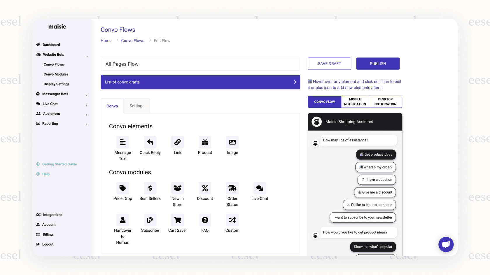 Screenshot of the Maisie AI chatbot for Shopify dashboard showing template options.