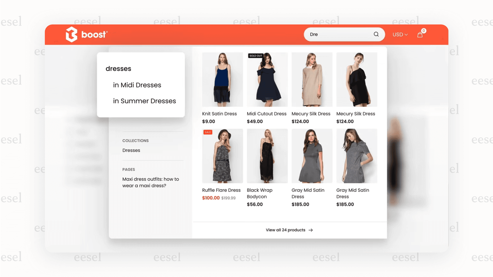 Screenshot of Boost AI search results page with filters and recommendations for Shopify AI apps.