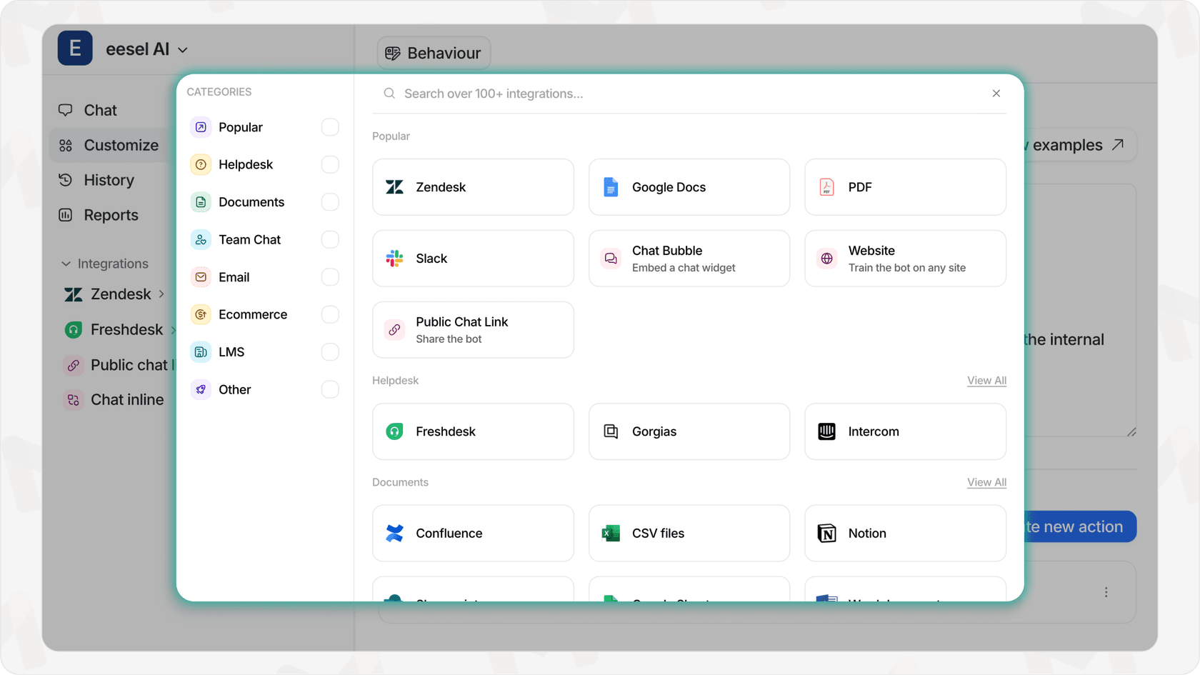  The eesel AI platform interface designed for team support automation, distinct from a personal Gmail AI extension. 