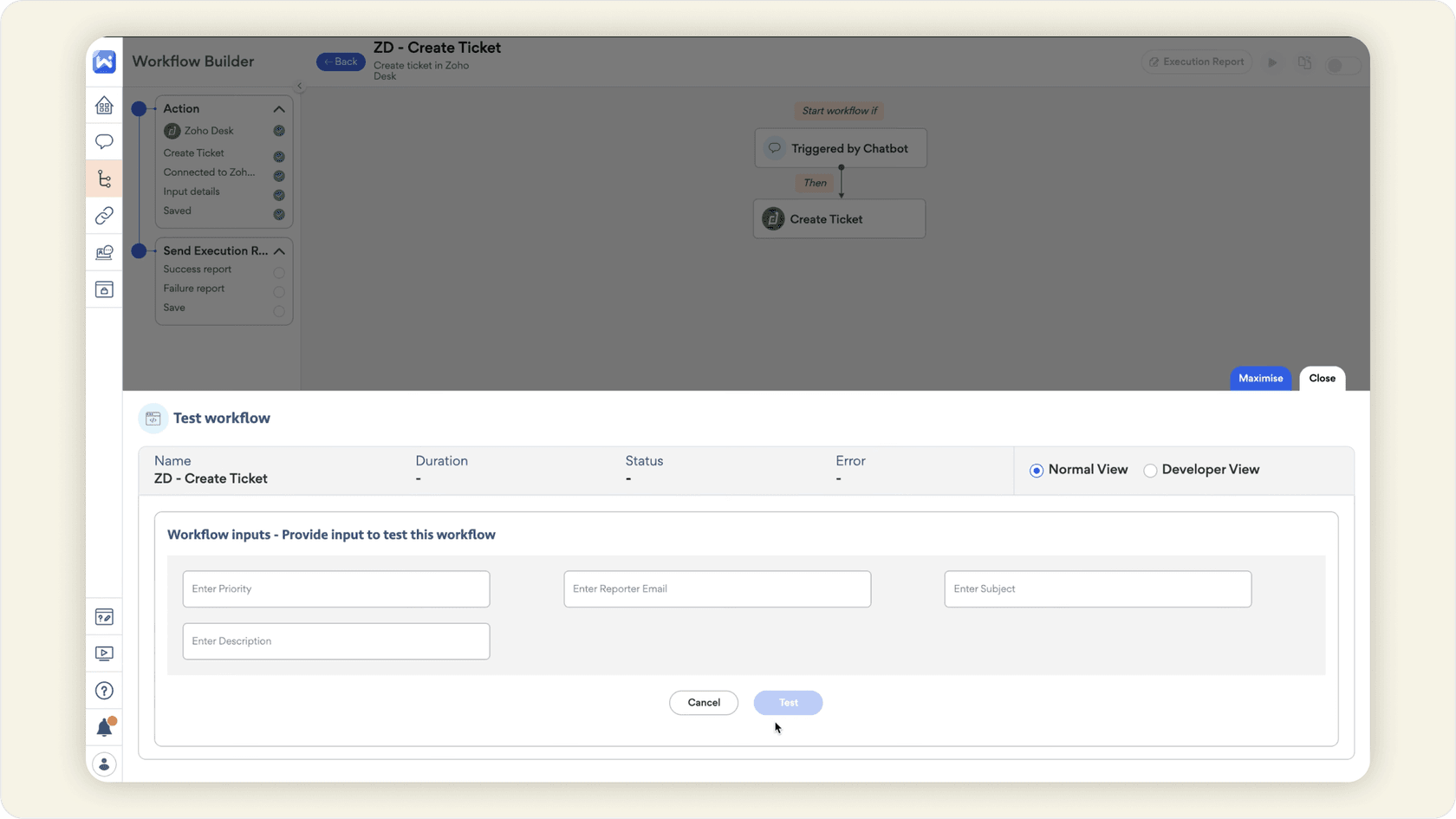 Image of Workativ Assistant conversation in Slack creating or updating a Zoho Desk ticket