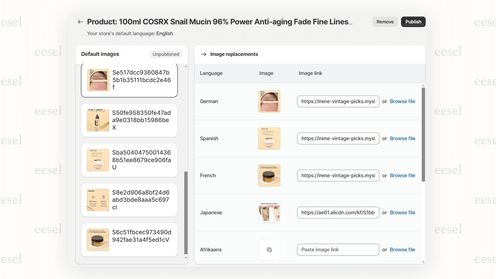Screenshot of Transcy interface showing language and currency settings for Shopify AI apps.