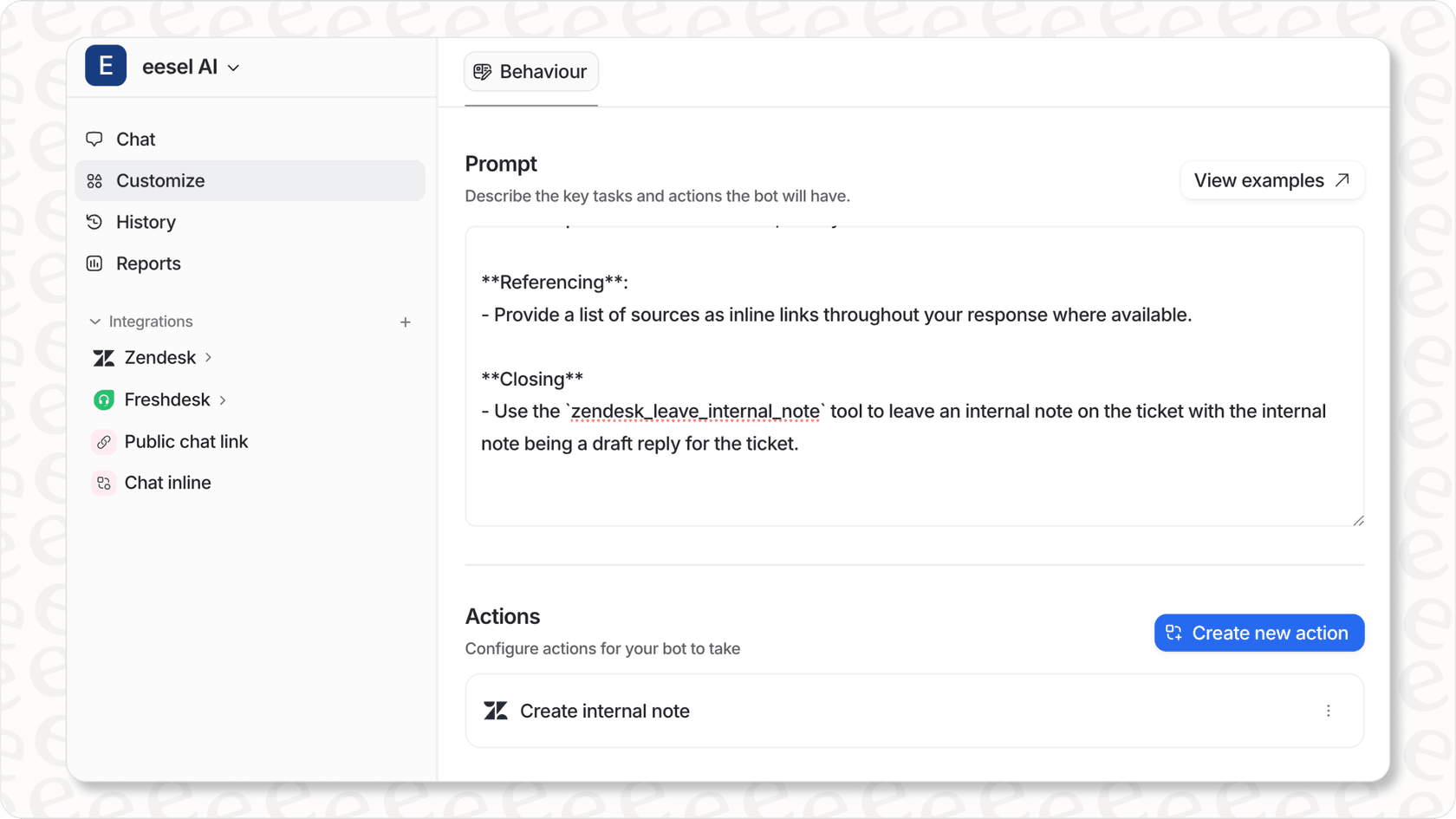 Image of customizing eesel AI prompts and actions for advanced zendesk automation.