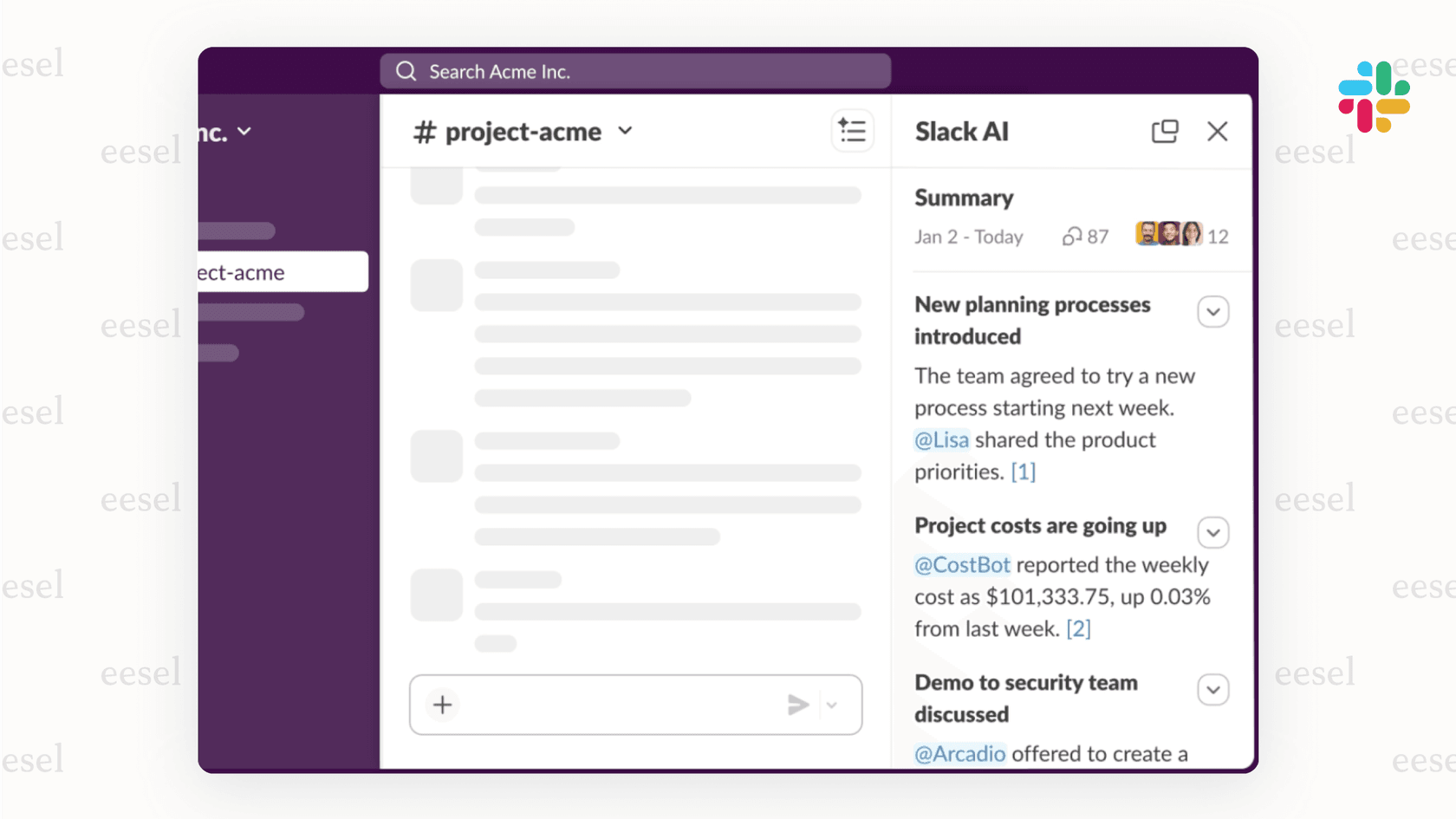 Screenshot of Slack showing the built-in AI feature for summarizing a channel conversation, demonstrating a Slack AI assistant capability.