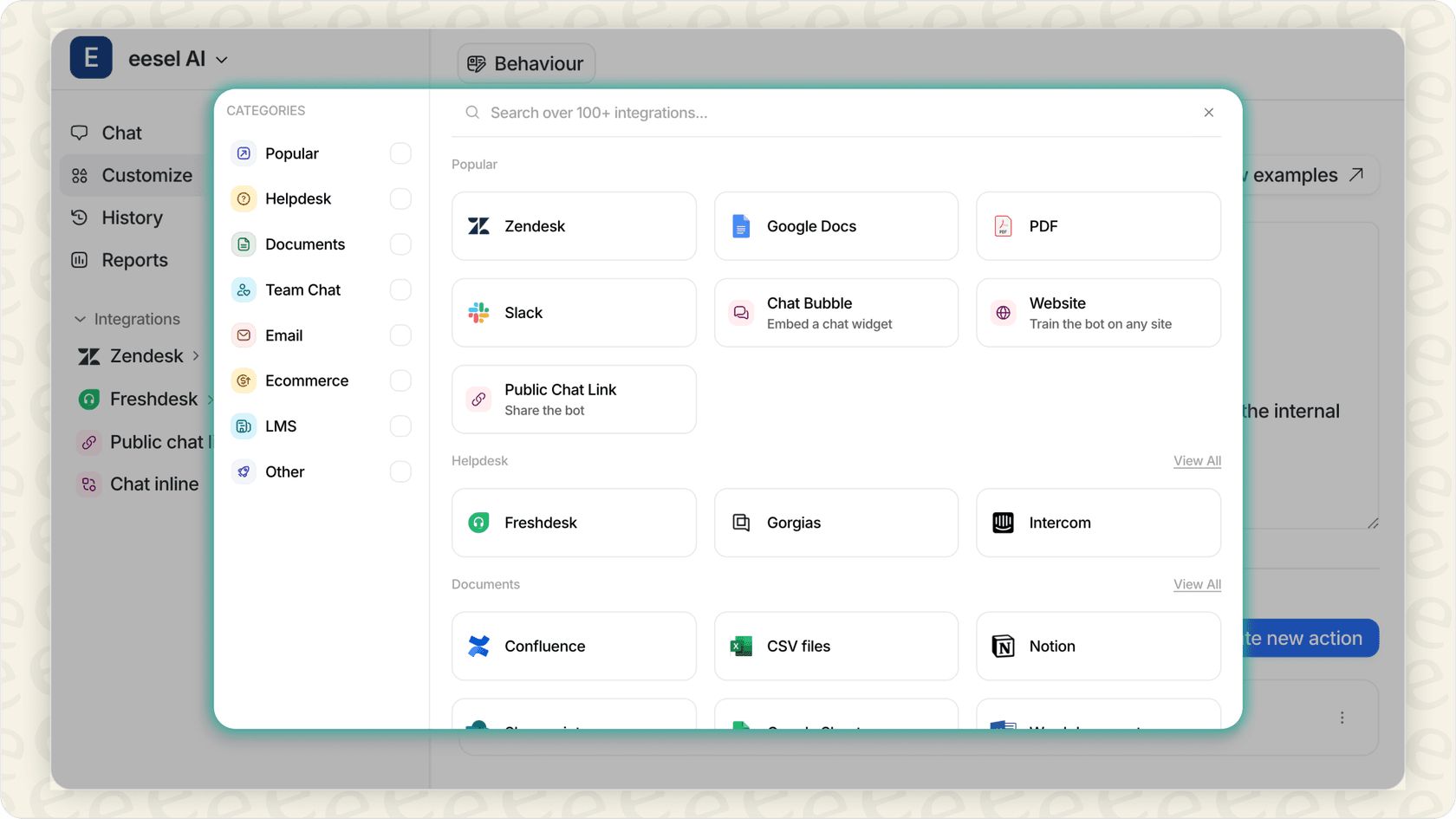 Image of eesel AI platform interface showing integrations and bot customization for Zoho Desk workflows