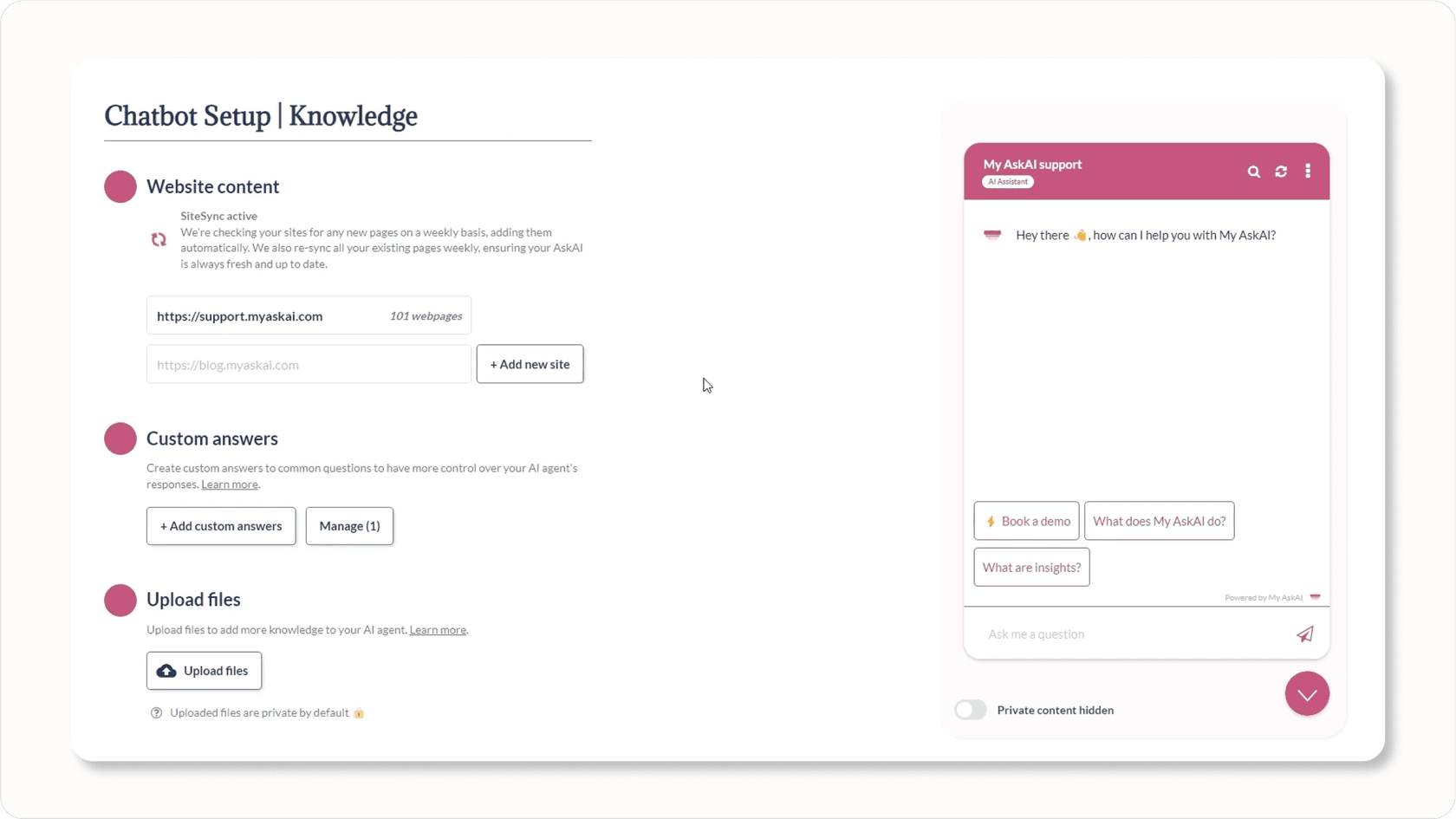 Screenshot of My AskAI training interface showing content sources.
