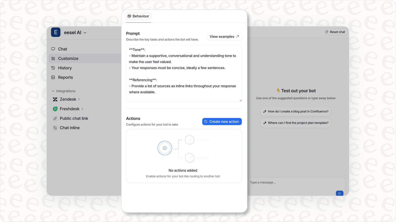 Screenshot of the eesel AI customization interface showing options for prompts, tone, and actions.
