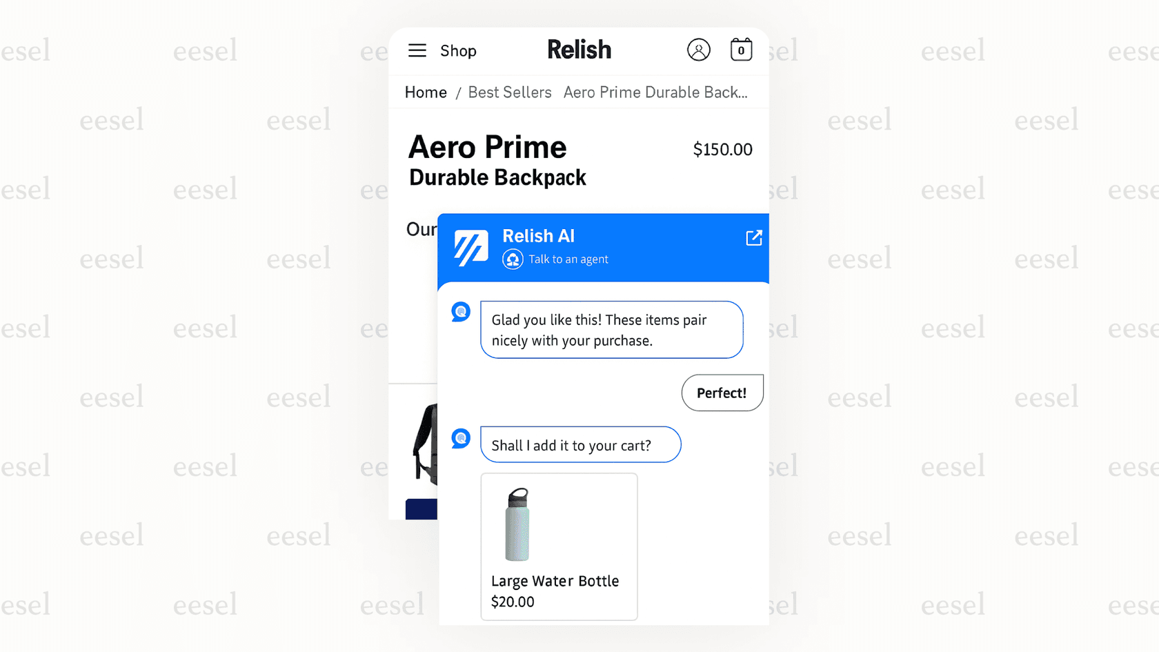 Screenshot showing a Relish AI chatbot for Shopify cross-selling interaction.