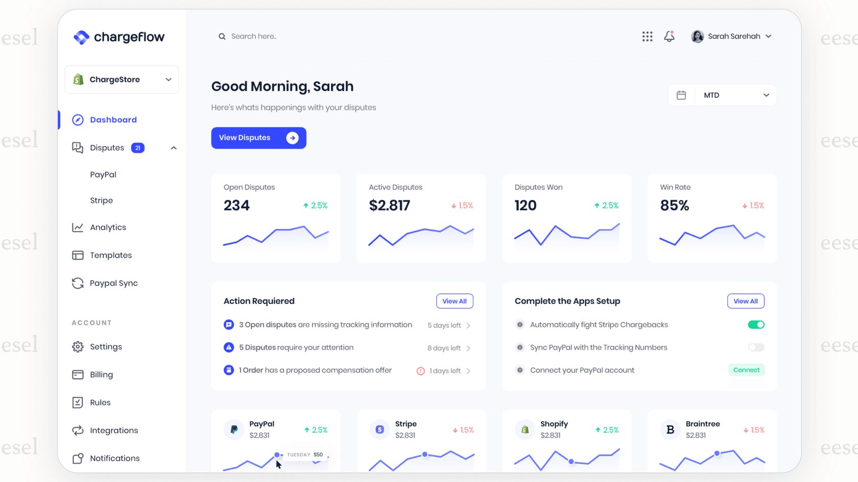 Screenshot of Chargeflow dashboard showing chargeback cases managed by this Shopify AI app.