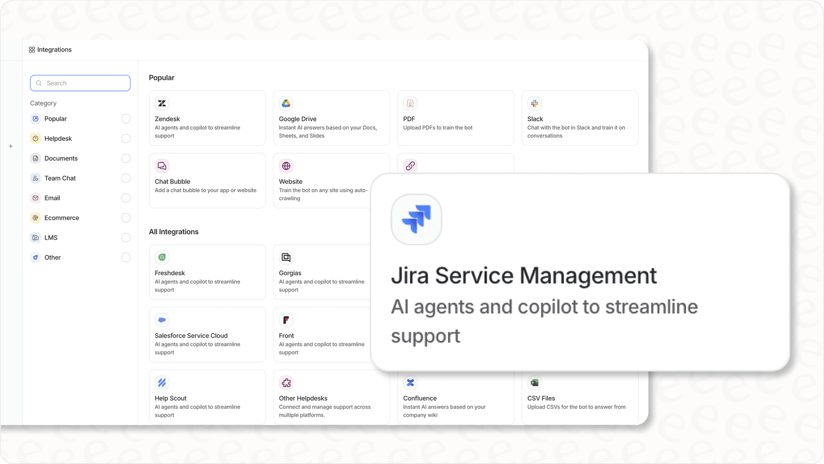 Screenshot of Jira project settings showing integration options.