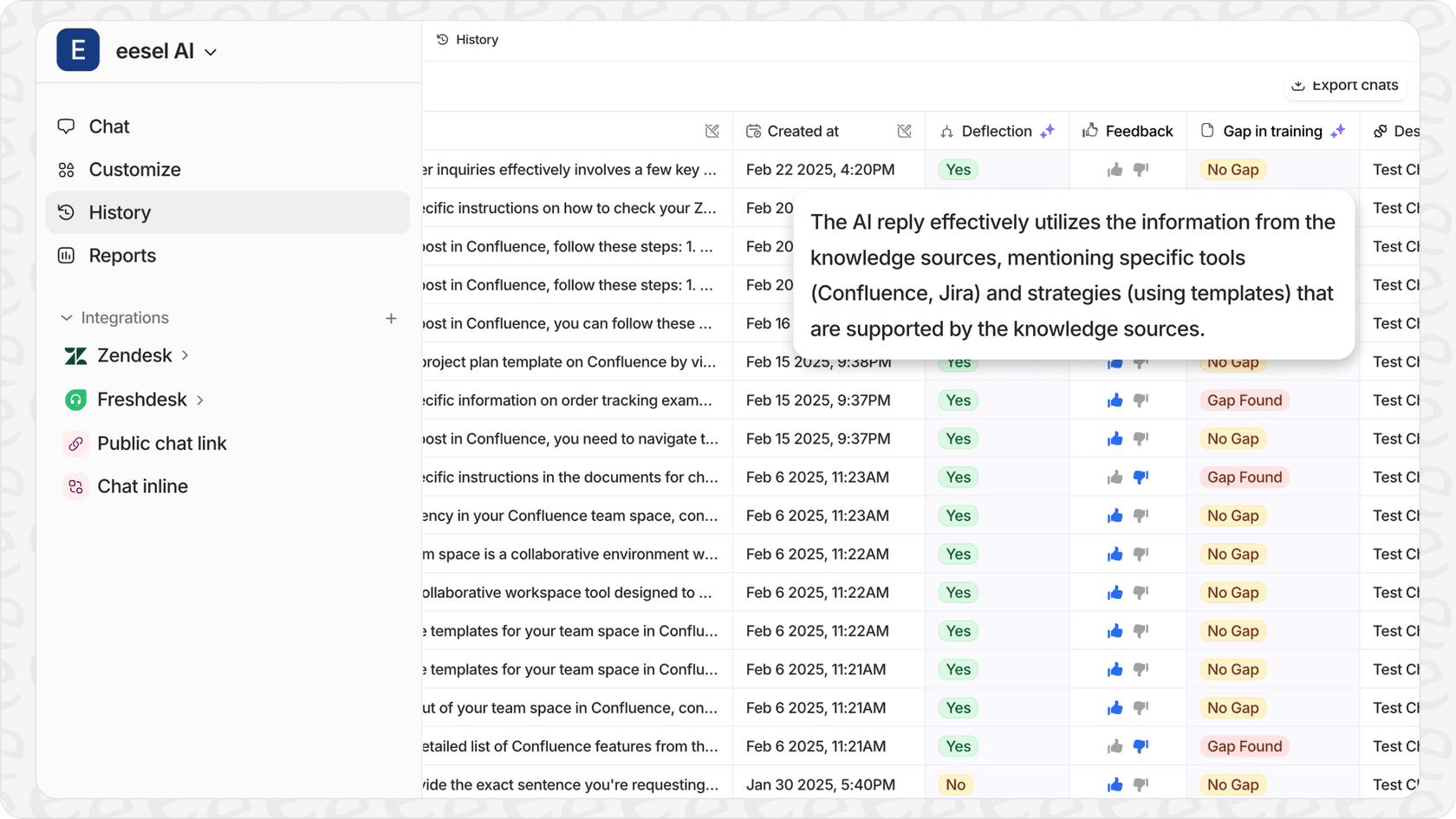 Screenshot of the Knowledge Gap Analysis feature in eesel AI, helping identify gaps in training data for AI helpdesk tools.
