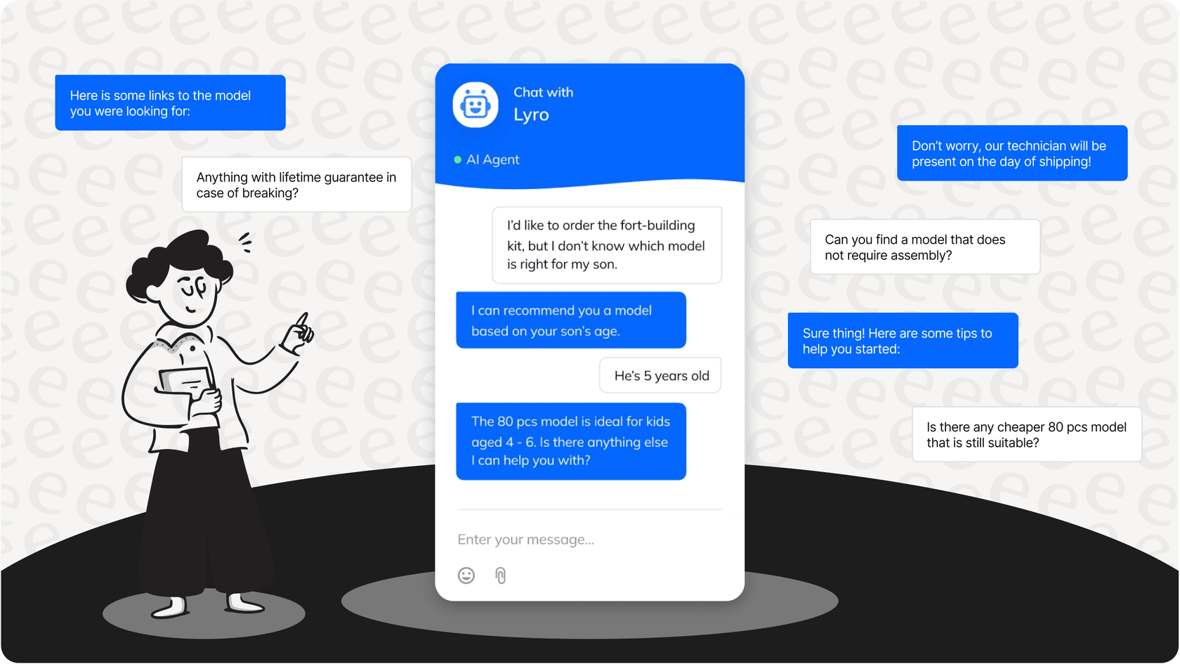 Screenshot of an AI chatbot interface, a core component of AI helpdesk tools, assisting a customer.