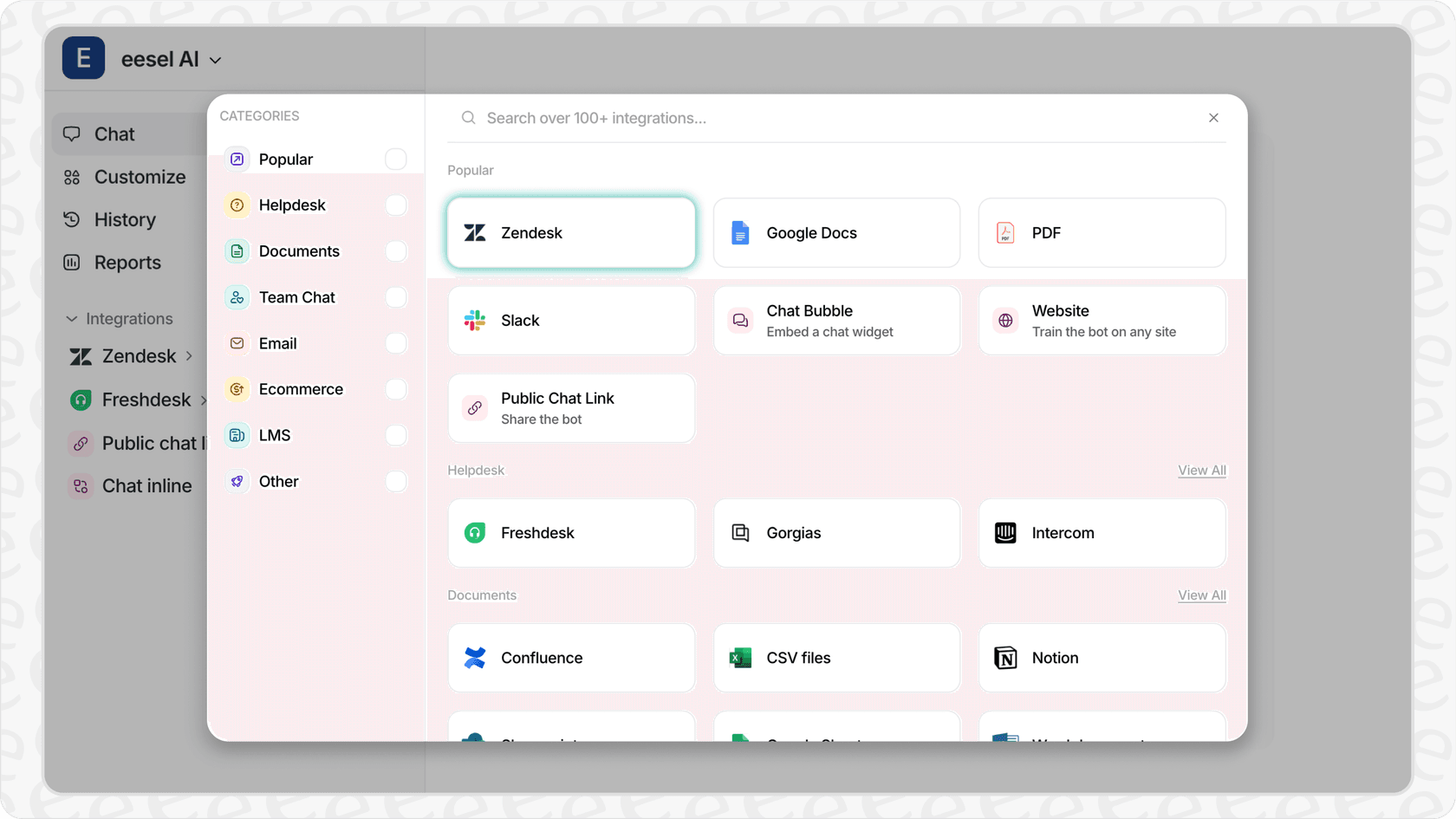 Screenshot of eesel AI dashboard showing connected data sources for training AI agents for ai and automation support and maintenance.